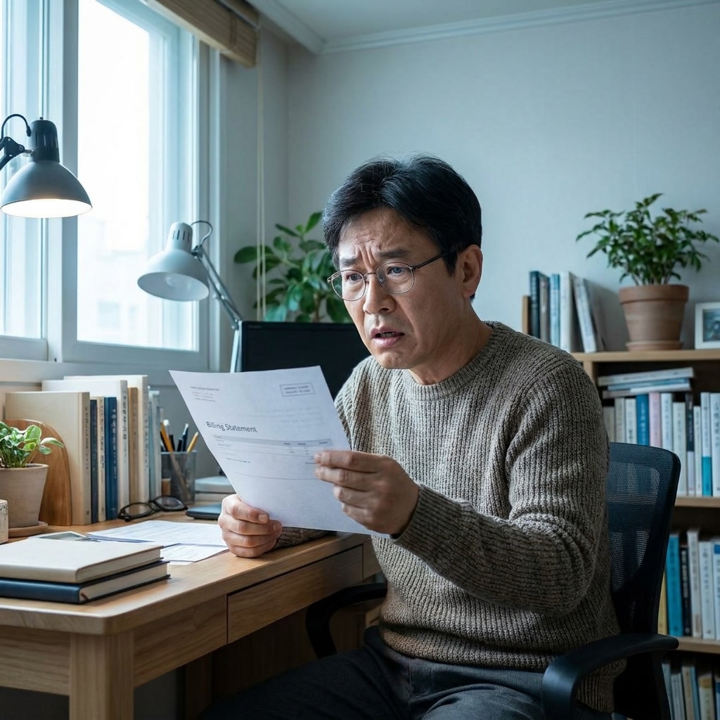 위약금 청구서를 확인하며 당황하는 모습